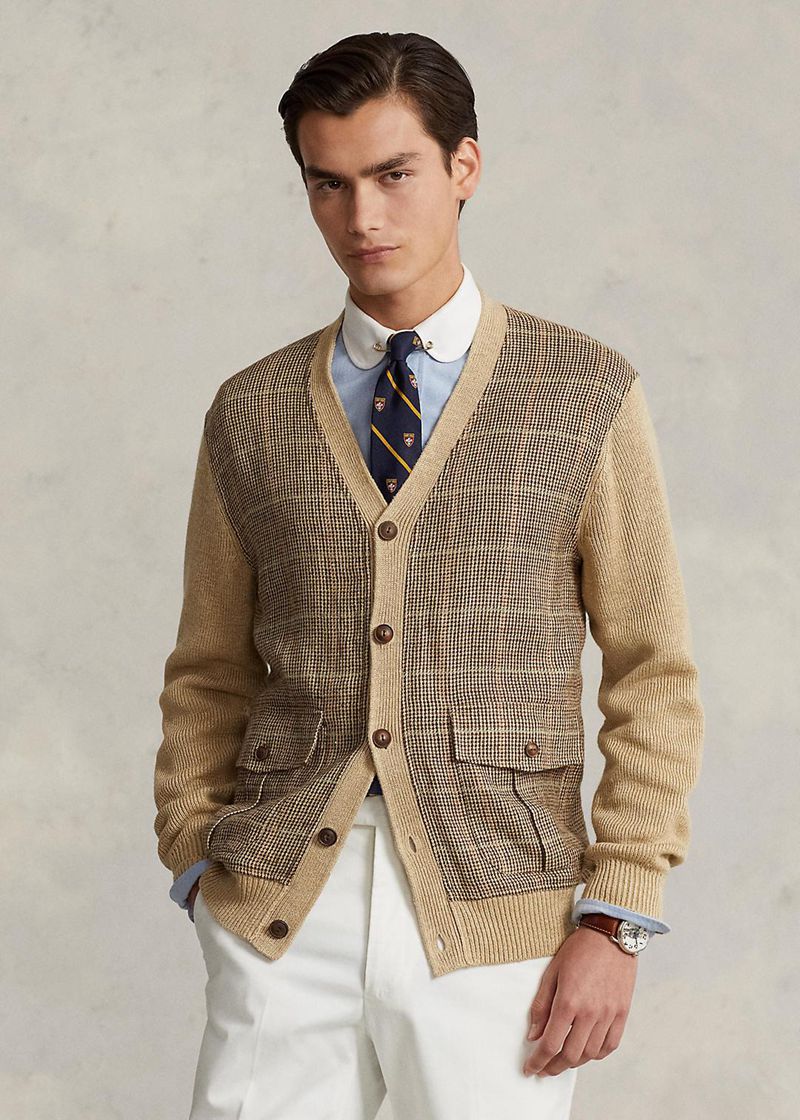 Sueter Polo Ralph Lauren Hombre Glen Plaid Panelled Linen-Silk Cardigan Chile Marrones HCLRD-6083